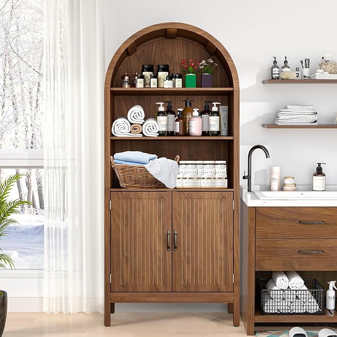 Lxsxlome 70.9" Tall Storage Cabinet with Fluted Doors, Arched Freestanding Cabinet with 5 Shelves, Wooden Bookcase Storage Cabinet Suitable for Living Room, Dining Room, Bathroom