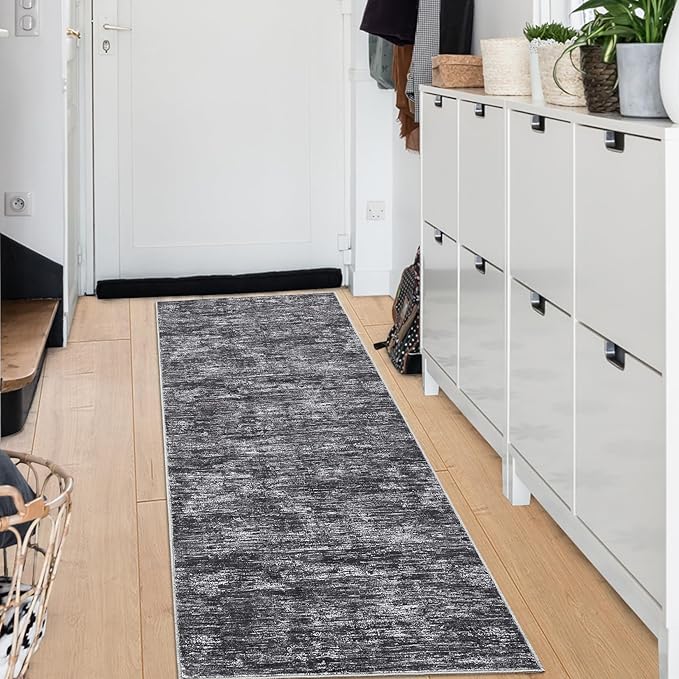 RUGSREAL Modern Runner Rug 2.5x8 Stain Resistant Washable Kitchen Runner Carpet ith Rubber Backing Low Pile Contemporary Solid Color Entryway Mat Ultra Soft Rug for Living Room Bedroom, Dark Grey