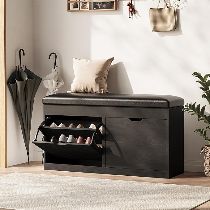 40" Shoe Storage Bench with 2 Flip Drawers & Padded Seat Cushion, Shoe Cabinet with Lift Top Storage Box, Shoe Bench Shoe Organizer for Entryway, Hallway, Living Room, Black