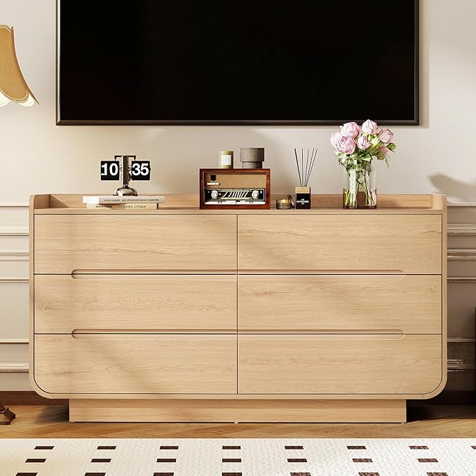 Curved 6 Drawer Dresser for Bedroom, Modern 53-Inch Chest of Drawers, Wood Storage Dresser Organizers with Hidden Handles, 6 Drawer Dressers for Bedroom, Nursery, Living Room, Natural