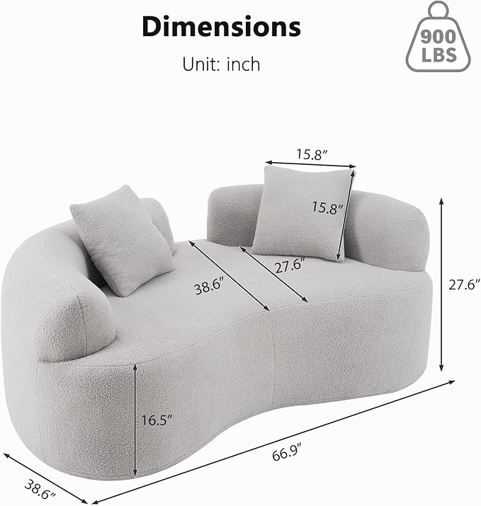 66.93 Inch Curved Loveseat Sofa with High - Density Foam Cushion, Full Compression Modular 2-Seater Couch, No Assembly Required, for Small Spaces & Living Room, Pearl Grey