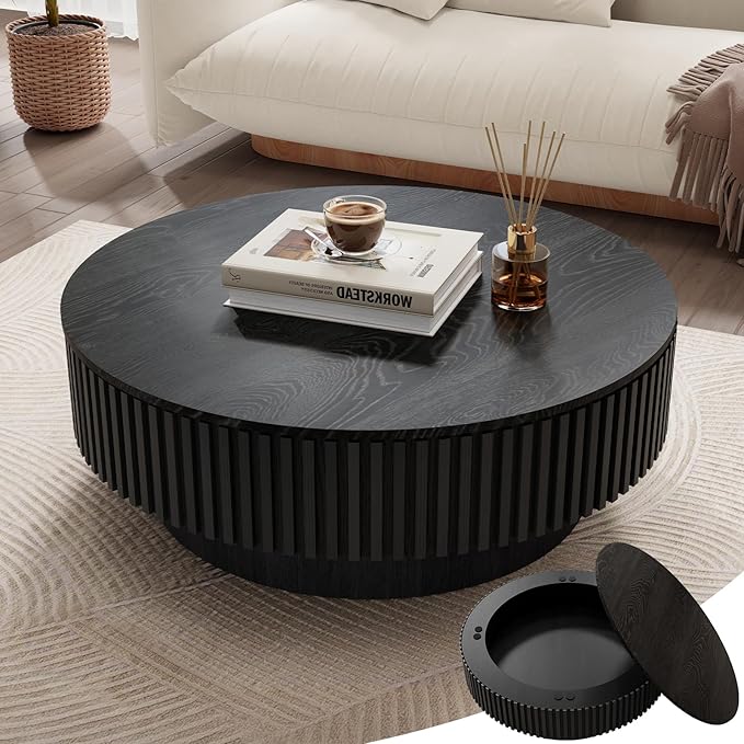 39.37'' Round Coffee Table with Storage, Modern Fluted Circle Coffee Table Unique Drum Low Center Tea Table with Solid Wood Veneered for Living Room Small Space, Mesas De Centro para Sala, Black