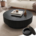 39.37'' Round Coffee Table with Storage, Modern Fluted Circle Coffee Table Unique Drum Low Center Tea Table with Solid Wood Veneered for Living Room Small Space, Mesas De Centro para Sala, Black