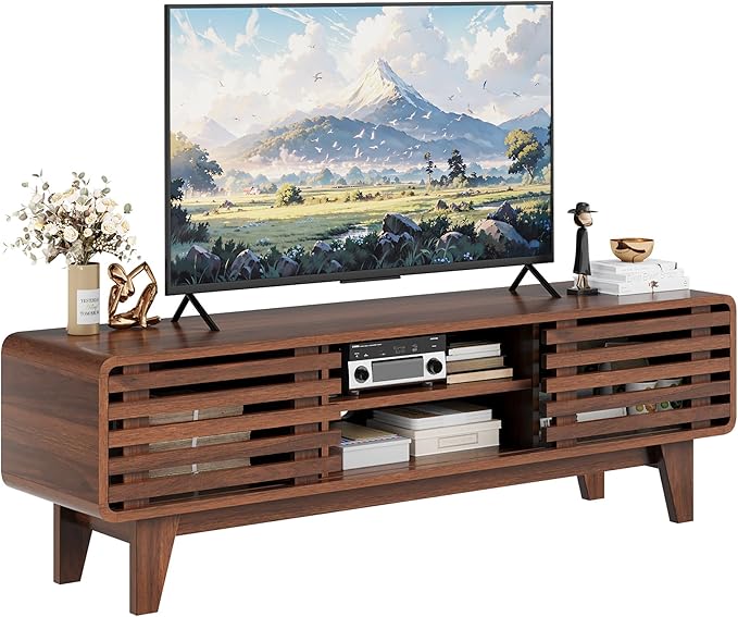 Luoxiao 55" Mid Century Modern TV Stand for 55 60 65 Inch TV, Walnut Media Console with Slatted Sliding Doors, Retro Wood Entertainment Center with Storage Shelves for Living Room, Bedroom
