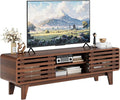 Luoxiao 55" Mid Century Modern TV Stand for 55 60 65 Inch TV, Walnut Media Console with Slatted Sliding Doors, Retro Wood Entertainment Center with Storage Shelves for Living Room, Bedroom