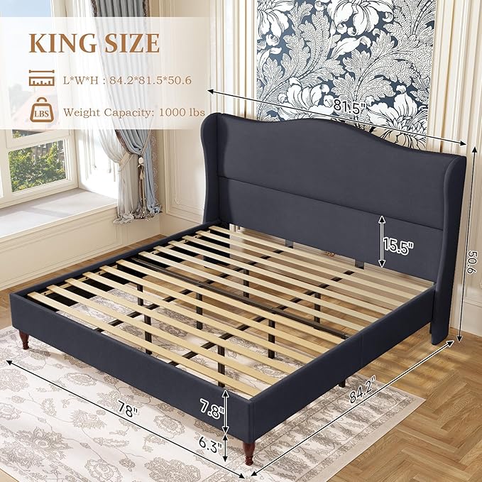 koorlian King Size Bed Frame Upholstered Platform Bed with 51'' Tall Fabric Headboard and Wooden Slats Support, Retro Minimalist Style/Fully Upholstered/Easy Assembly, Dark Navy