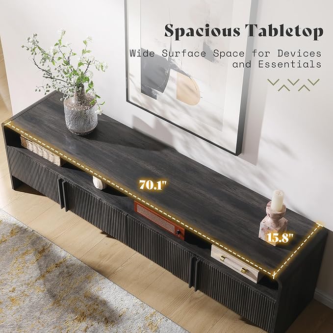 AMERLIFE Modern TV Stand for TVs up to 80", 70 inch Fluted TV Console with Storage Cabinets, Wood Entertainment Center Media Console for Living Room, Black