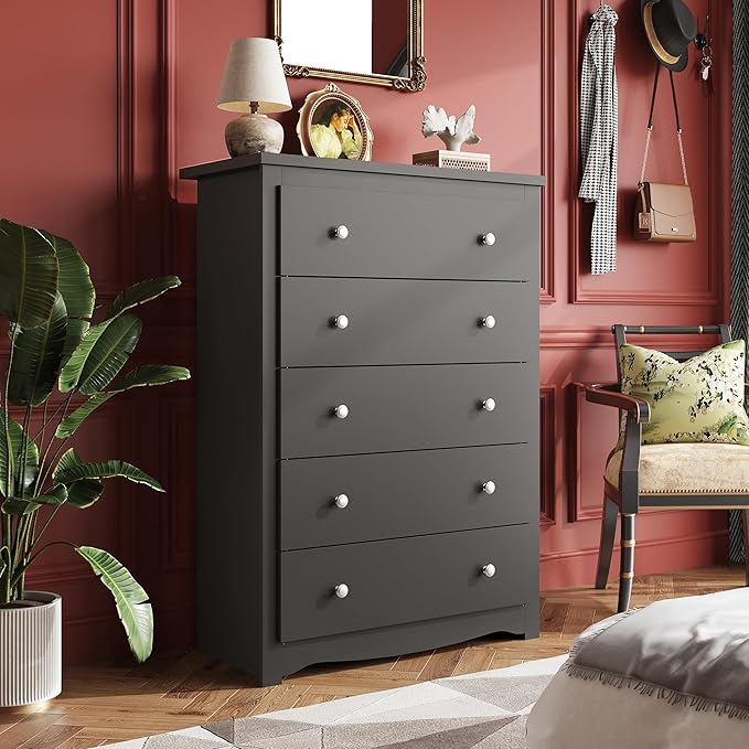 WLIVE Wooden Dresser with 5 Drawers, 45" Tall Black Dresser for Bedroom, Chest of Drawers, Storage Cabinet and Organizer Drawers for Living Room, Hallway, Closet
