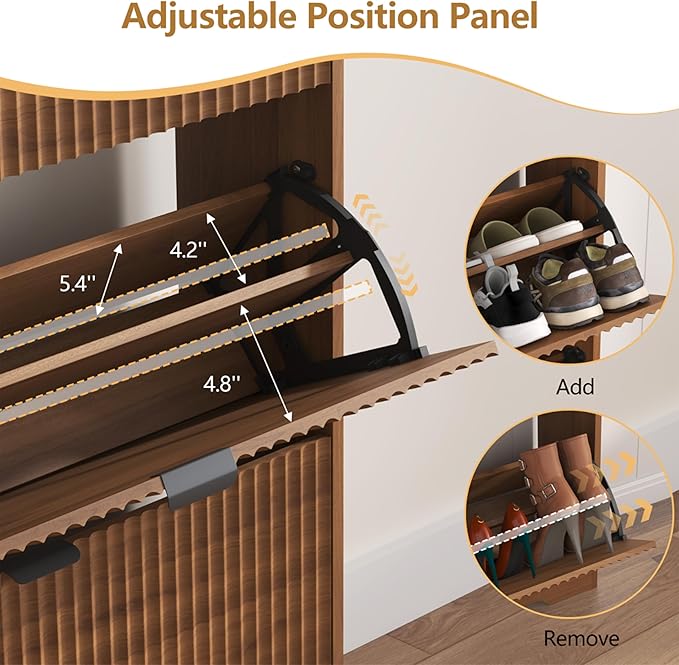 HUANLEGO Shoe Cabinet Storage for Entryway with 2 Flip Drawers, Walnut Fluted Shoe Cabinet with Open Storage, Wooden Hidden Shoe Rack Freestanding Narrow Slim Shoes Organizer for Hallway, Entrance