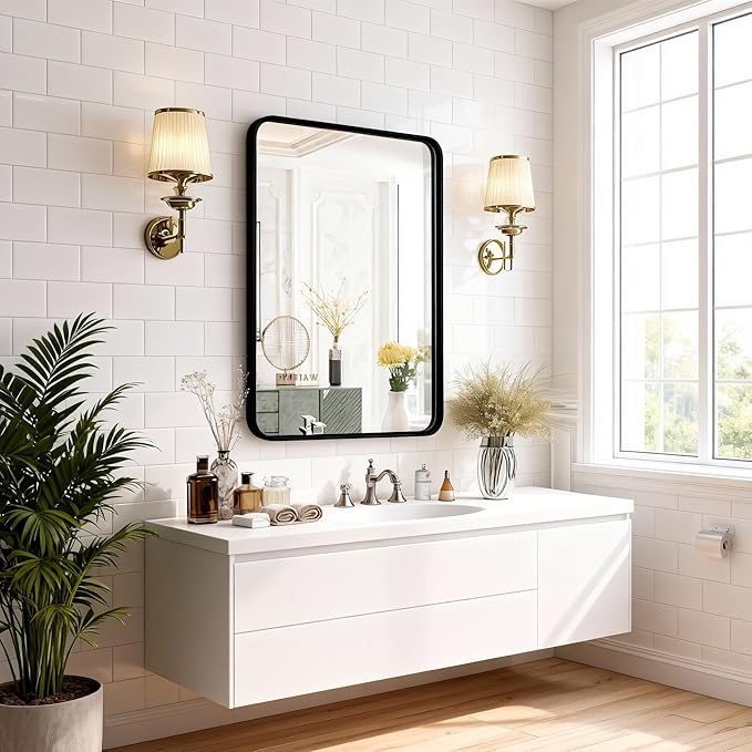 NEWBULIG Bathroom Mirror, Wall Mirror with Aluminum Alloy Thin Frame, Bathroom Mirrors for Over Sink, Bedroom, Living Room, Entryway