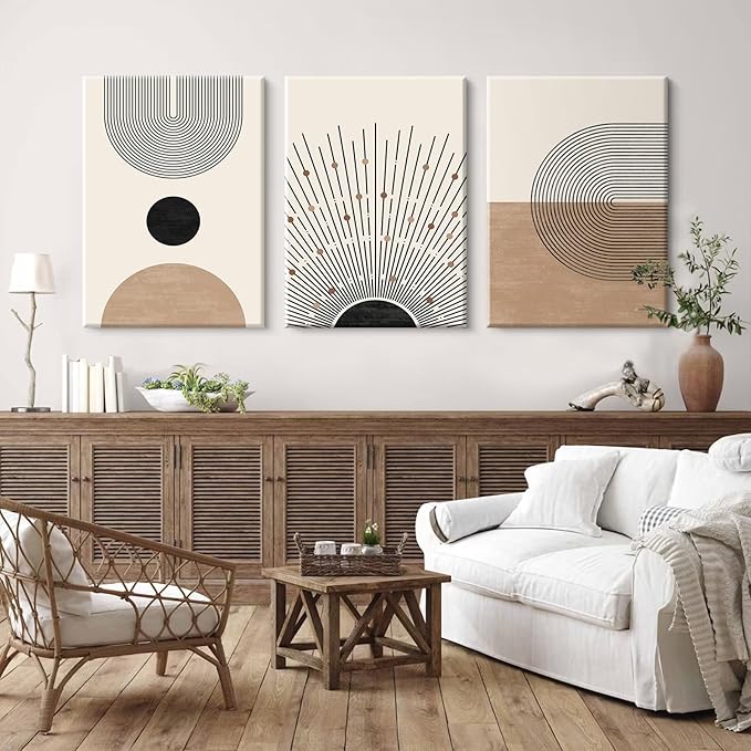 Mid Century Modern Wall Art Set of 3 Neutral Boho Art Prints Abstract Geometric Wall Art Picture Black Beige Terracotta Minimalist Painting Canvas Artwork for Living Room Bedroom 16x24 Inch Wrapped Canvas