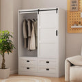 Wardrobe Closet with Sliding Barn Door, Tall Wooden Bedroom Armoire Wardrobe Closet Clothing Storage Cabinet with 4 Drawers, Adjustable Shelves and Hanging Rod, Clothes Cabinet for Bedroom, White