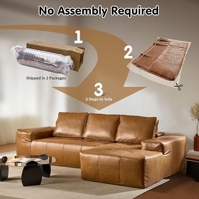 ovios 106" Cloud Boneless Couch with L-Shape Chaise,Modern Sectional Modular Sofa with Deep Seat, Upholstered Couches for Living Room Bedroom,No Assembly Required, Brown