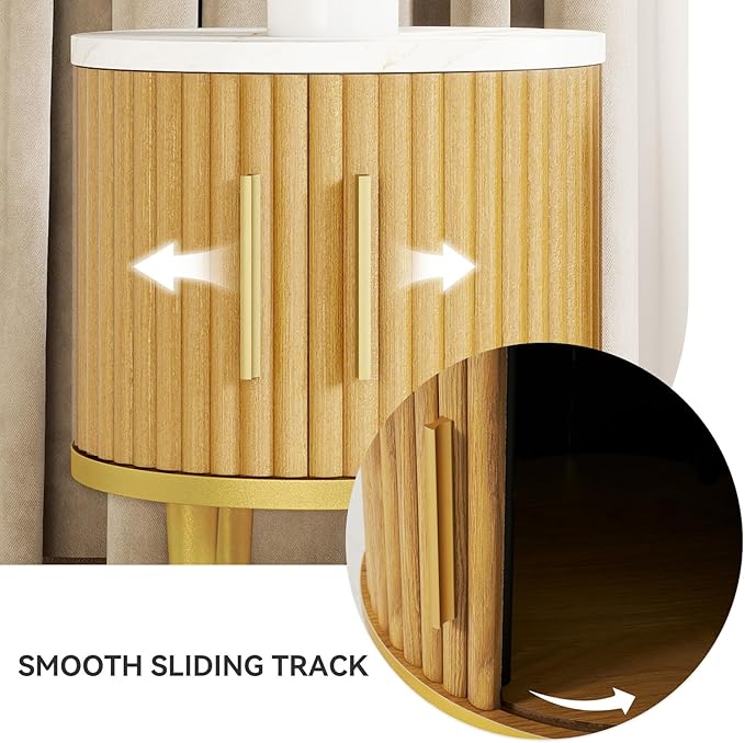 Fluted Nightstand Set of 2, Small Modern Side Table with Faux Marble Top and Metal Handle, Boho Bedside End Table with Sliding Door and Curved Corners for Bedroom,Living Room, Natural Oak