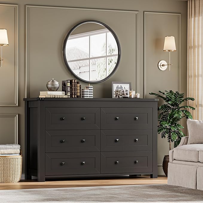 BORNOON 6-Drawer Dresser, Modern Wooden Storage Chest of Drawers, Dresser TV Stand, Wood Drawer Organizer with Metal Handles for Bedroom, Living Room, Hallway