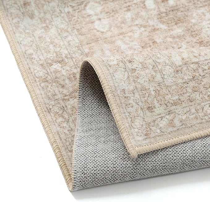 PureCozy 6x9 Area Rug Washable Beige Vintage Living Room Bedroom Carpet Indoor Large Non Slip Soft Low Pile Thin Retro Accent Home Office Dining Room Rug