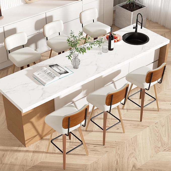 Swivel Bar Stools Set of 6, 26" Upholstered Faux Leather Counter Height Barstools with Walnut Back & Bentwood Legs, Mid Century Modern Bar Chairs Island Stools for Kitchen Counter, Cream White