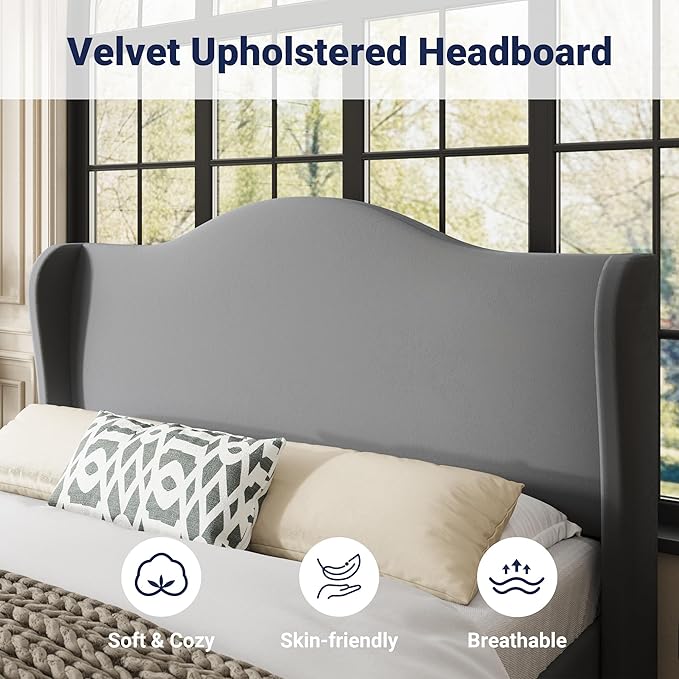 Allewie Full Size Bed Frame, Upholstered Wingback Platform with 47" Tall Tufted Headboard, Plush Velvet Fabric, Modern Minimalist Design, No Box Spring Required, Tool-Free Assembly, Grey