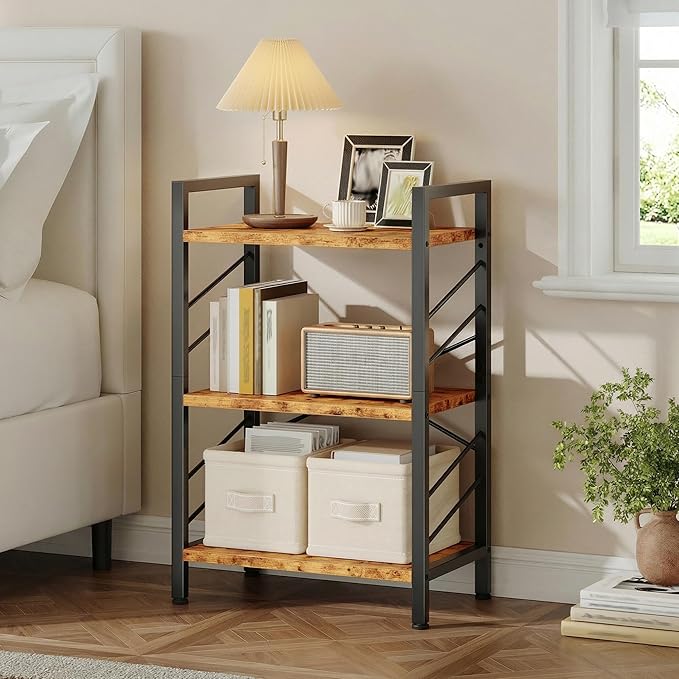 DurayLoly Book Shelf, 3 Tier Small Bookshelf, Industrial Bookcase with Metal Frame and Sidebars, Storage Shelves for Living Room, Bedroom, Home Office and Kitchen, Rustic Brown