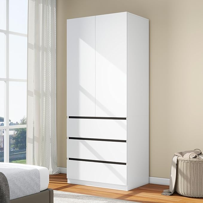 Wooden Wardrobe Closet with 2 Doors: 75" Bedroom Armoire Wardrobe Closet with 3 Drawers, White Cabinet with Hanging Shelves, Large Storage Cabinet (Modern, 1)