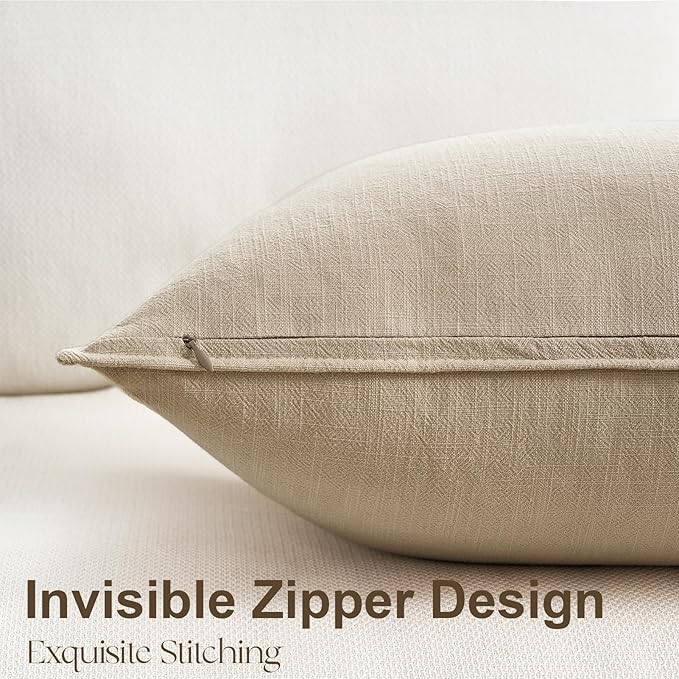 Natural Throw Pillow Covers with Press Edge Design Pack of 4 Solid Linen Decorative Pillow Covers Soft Accent Boho Pillowcases Modern for Couch Bed Living Room Balcony and Car 16x16 Inch
