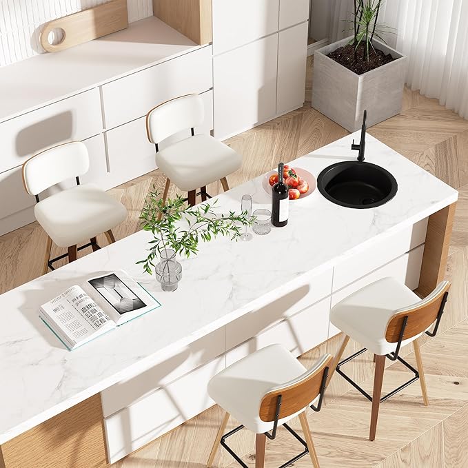 Swivel Bar Stools Set of 5, 26" Upholstered Faux Leather Counter Height Barstools with Walnut Back & Bentwood Legs, Mid Century Modern Bar Chairs Island Stools for Kitchen Counter, Cream White