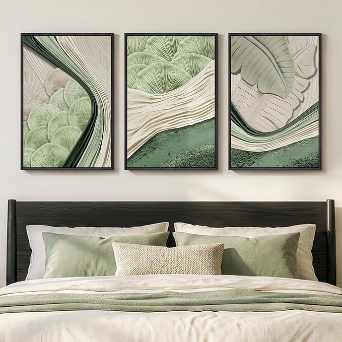Framed Green Abstract Wall Art Bedroom, 3 Piece Botanical Modern Minimalist Canvas Print Artwork for Walls, Leaf Paintings Pictures for Small Living Room Dining Room Office Wall Art Decor, 16x24 Inch