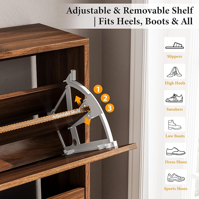 Nicetree Shoe Cabinet Storage for Entryway, 9.5" Narrow Shoe Organizer with Architectural Arched Fluted Front, Slim Shoe Rack with Adjustable Shelves,Fits Size 12 Shoes,Timeless Walnut