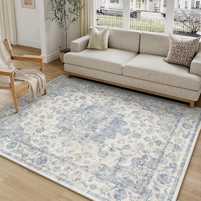 4x6 Washable Neutral Area Rug Blue Vintage Entryway Office Carpet Non-Slip Soft Low Pile Farmhouse Indoor Throw Rug for Living Room Bathroom Dining Room