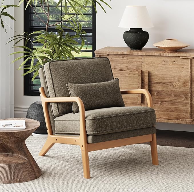 MALOL Accent Chair Set of 2 with Solid Wood Frame, Mid-Century Relaxing Armchair Lumbar Pillow& Soft Cushion, Reading Leisure Chair for Living Room, Bedroom, Waiting Room-Green