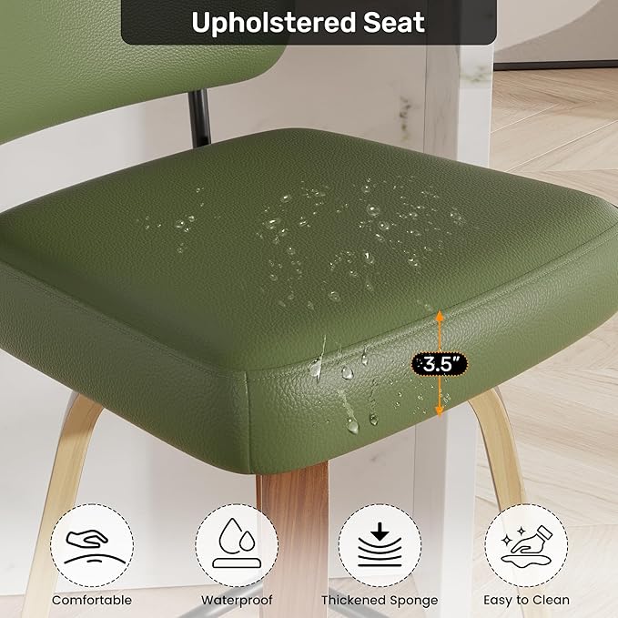 Swivel Bar Stools Set of 4, 26" Upholstered Faux Leather Counter Height Barstools with Walnut Back & Bentwood Legs, Mid Century Modern Bar Chairs Island Stools for Kitchen Counter, Green