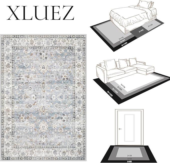 XLUEZ Area Rug 6x9 Living Room Rug, Machine Washable Vintage Distressed Boho Area Rug Non-Slip Soft Low Pile Large Indoor Rugs for Bedroom Kitchen Dining Room Office(Light Blue,6'x9')