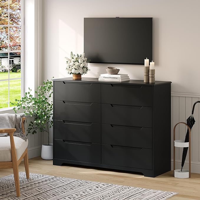 Gizoon 8 Drawer Dresser, 47" Wide Black Dresser for Bedroom with Cut-Out Handles, Modern Wooden Chest of Drawers with Anti-Tip Kit, for Living Room, Hallway, Entryway, Home Office