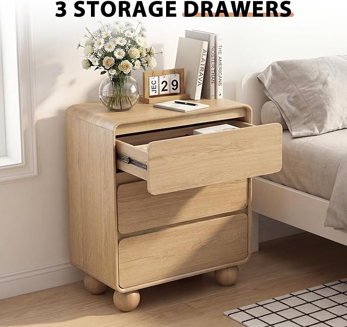 AVZEAR Wooden Night Stand wth 3 Drawer Dresser Mid Century Modern End Table Chest of Drawers, Solid Wood Legs & Curved Profile Design, Farmhouse Side Table for Living Room, Natural