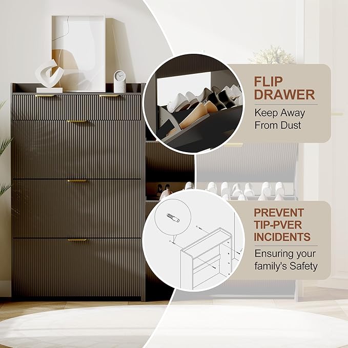IDEALHOUSE Modern Natural Shoe Cabinet with 3 Flip Drawers & 2 Small Drawers & Hook, Slim Fluted Shoe Storage Organizer, Narrow Entryway Cabinet for Apartment, Hallway, Entrance ((Black Color))