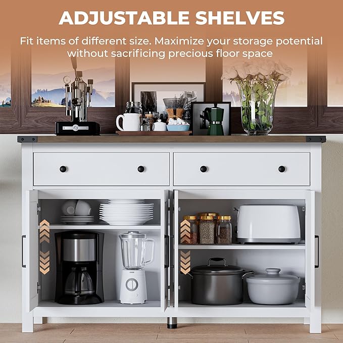 VVFLU 55" Modern Farmhouse Buffet Cabinet with Storage, Coffee Bar Cabinet with 2 Drawers and 4 Barn Doors, Sideboard Storage Cabinet for Kitchen, Dining Room, Living Room, White Wood