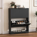 HUANLEGO Shoe Cabinet Storage for Entryway with 2 Flip Drawers, Black Fluted Shoe Cabinet with Open Storage, Wooden Hidden Shoe Rack Freestanding Narrow Slim Shoes Organizer for Hallway, Entrance