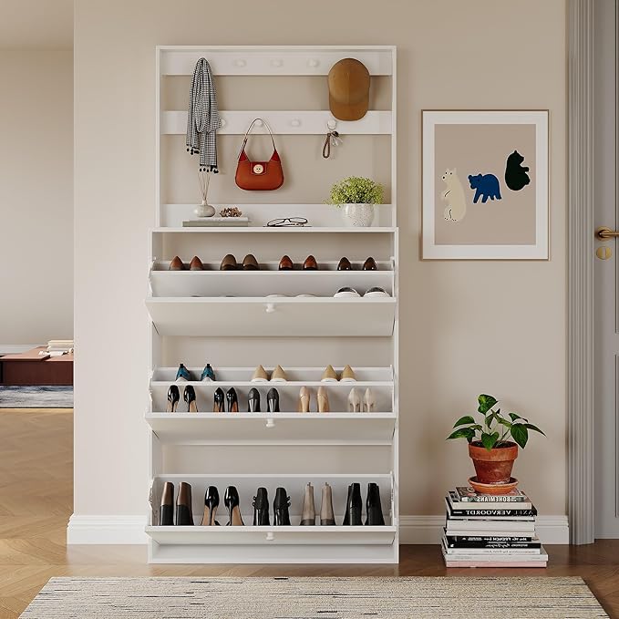 HOPUBUY Tall Shoe Cabinet with 3 Flip Drawers, Farmhouse Hidden Shoe Storage Cabinet with Rack, Slim Narrow Freestanding Shoe Storage Organizer for Entryway, Hallway & Living Room, White
