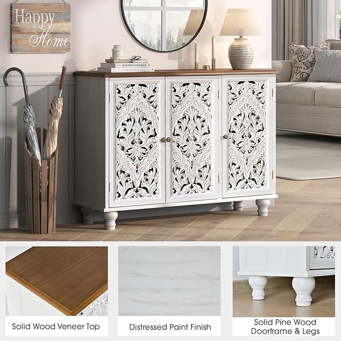JOINICE 43" Accent Cabinet with 3 Carved Doors, White Farmhouse Buffet Cabinet with Storage & Solid Wood Legs, Boho Sideboard Console Table for Living Room, Entryway, Dining Room, Coffee Bar