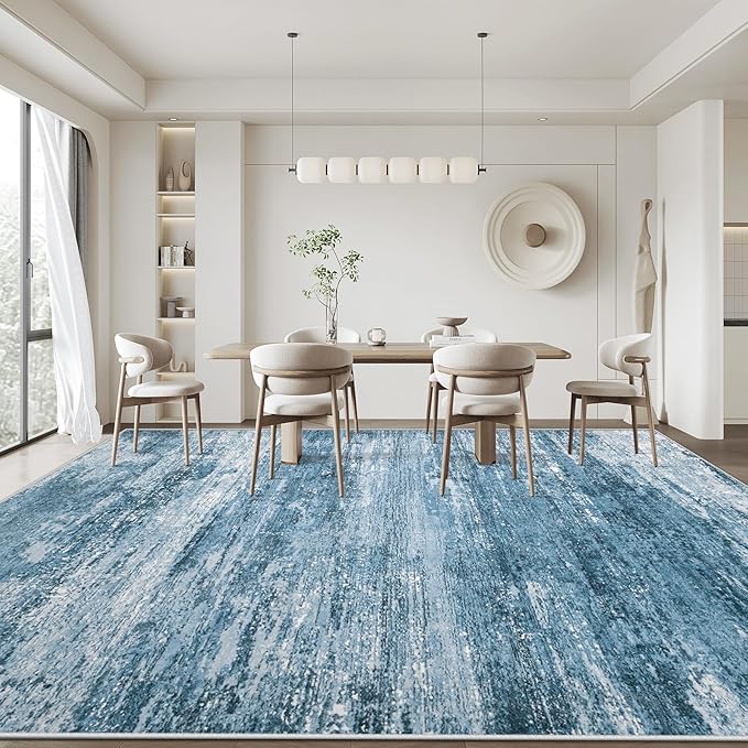 Washable Rug 9x12 Area Rugs for Living Room: Large Neutral Soft Rug Abstract Non Slip Low Pile Modern Carpet for Bedroom Kitchen Nursery Office Dining Room Indoor (Darkblue, 9'x12')