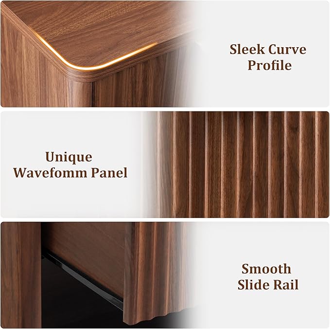 Nasonet Fluted Nightstands Set of 2 with Charging Station, Wooden Bed Side Tables Bedroom Set of 2, Drawers and Open Shelves - Modern End Table for Bedroom, Walnut