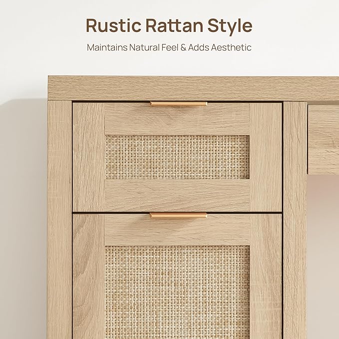 SICOTAS Rattan Executive Desk with Storage - Larger Home Office Desk with Drawers and Cabinets, Boho Computer Table for Study, Office, Living Room, Light Oak (2 Pieces)
