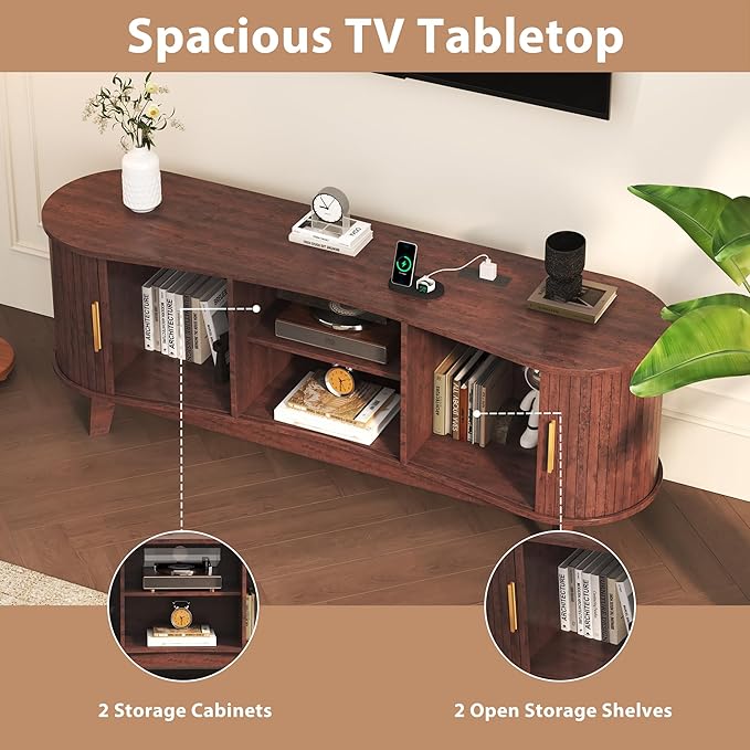 Mid Century Modern TV Stand for 65 Inch TVs, Fluted TV Stands with Open Shelves and Sliding Door, Media Cabinet with Power Outlet, Entertainment Center with Storage for Living Room, Red Brown