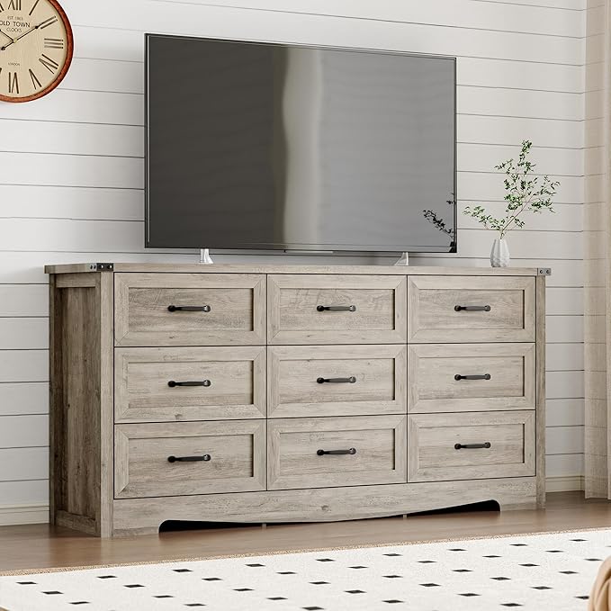 BORNOON 9-Drawer Dresser for Bedroom, Modern Wooden Chest of Drawers with Metal Handles, Anti-Tipping Design, Sturdy and Stable Storage Organizer for Living Room, Entryway, Home Office