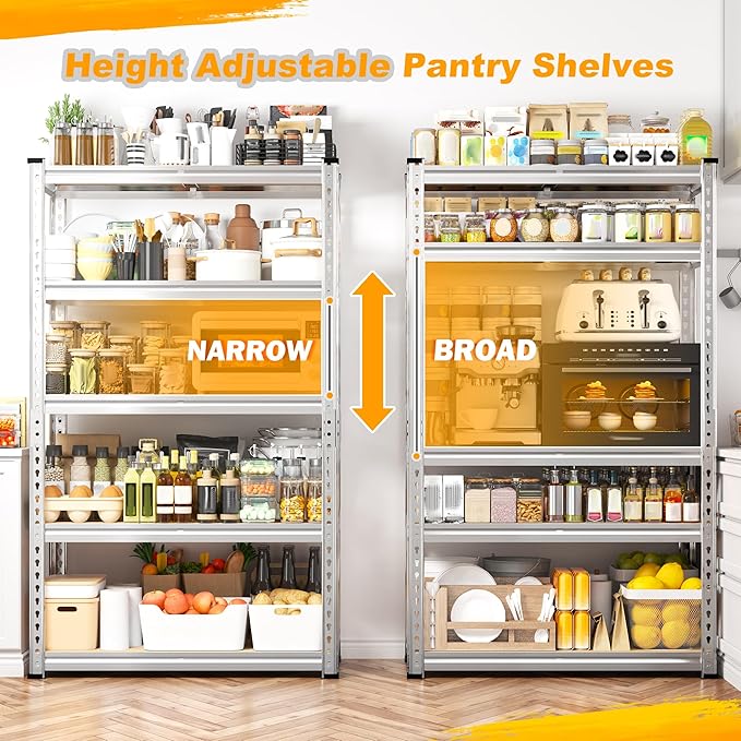 REIBII Storage Shelves, 5 Tier Adjustable Metal Garage Shelving, Storage Rack for Kitchen Storage, Basement, Garage, Pantry, Closet, Shop, Galvanized, 12" D x 28" W x 59.8" H，2020 lbs Total Capacity