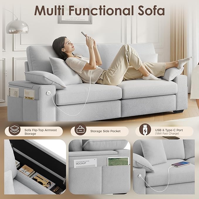 76.38'' Modern Loveseat Sofa, 2 Seats, Light Grey | USB/Type-C Port, Side Storage, Removable Cover, Easy Assembly, For Small Spaces, Living Room
