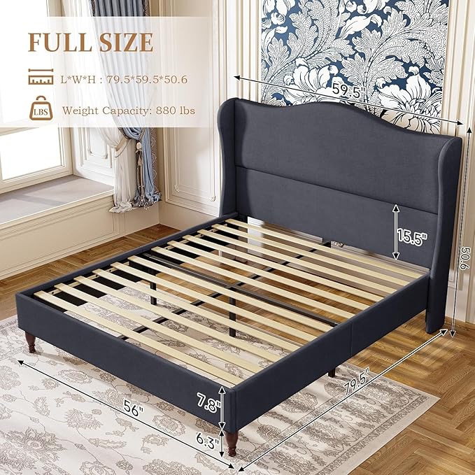 koorlian Full Size Bed Frame Upholstered Platform Bed with 51'' Tall Fabric Headboard and Wooden Slats Support, Retro Minimalist Style/Fully Upholstered/Easy Assembly, Dark Navy