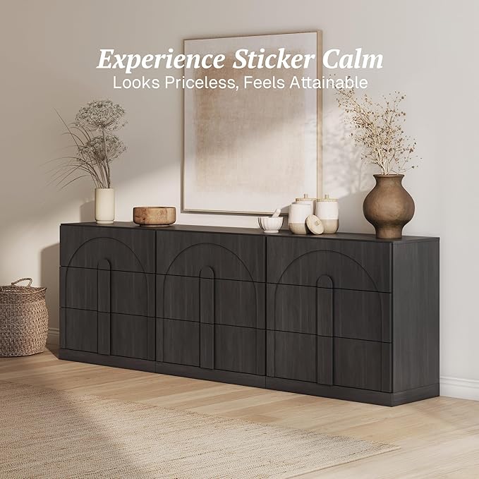 BELLEZE Sideboard Cabinet with 3 Drawers, Set of 3 Modern Wood Buffet Cabinet with Arc Design, Large Fluted Sideboard with Storage for Dining Room Living Room Entryway, Ebony
