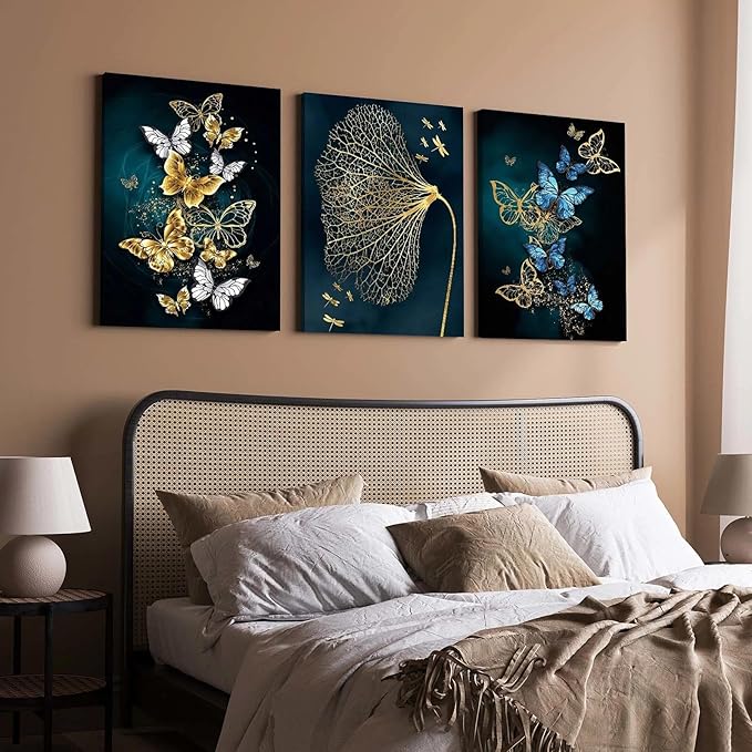 Modern Abstract Gold and Blue Butterfly Leaf Wall Art, 3 Piece Framed Canvas Set for Living Room Bedroom Office Wall Decor, 12x16 Inch, with Hooks and Nails