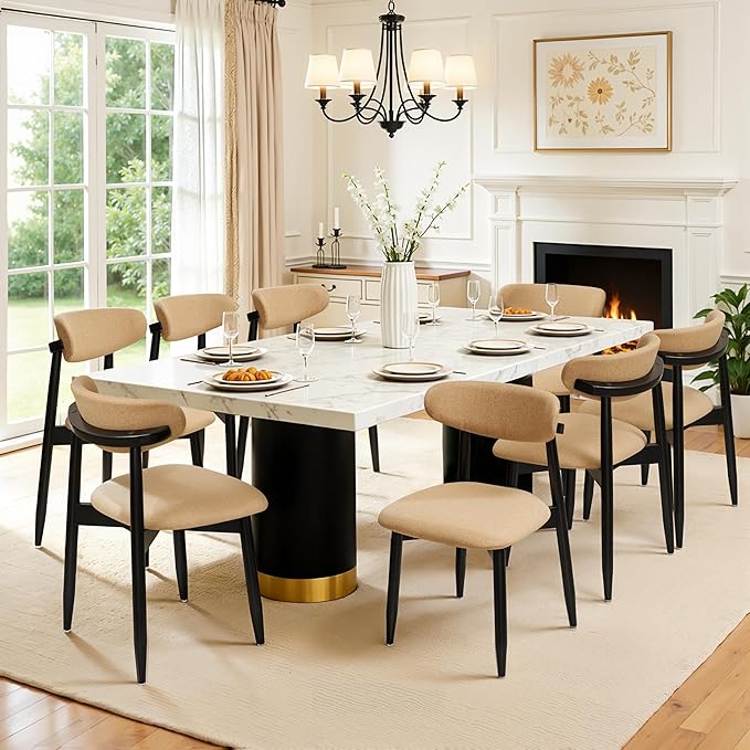 CHUN YI Dining Chairs Set of 8, Upholstered Solid Wood Dining Room Chairs, Mid Century Modern Fabric Kitchen Chairs with Ergonomic Curved Back, Khaki (Only Chairs)